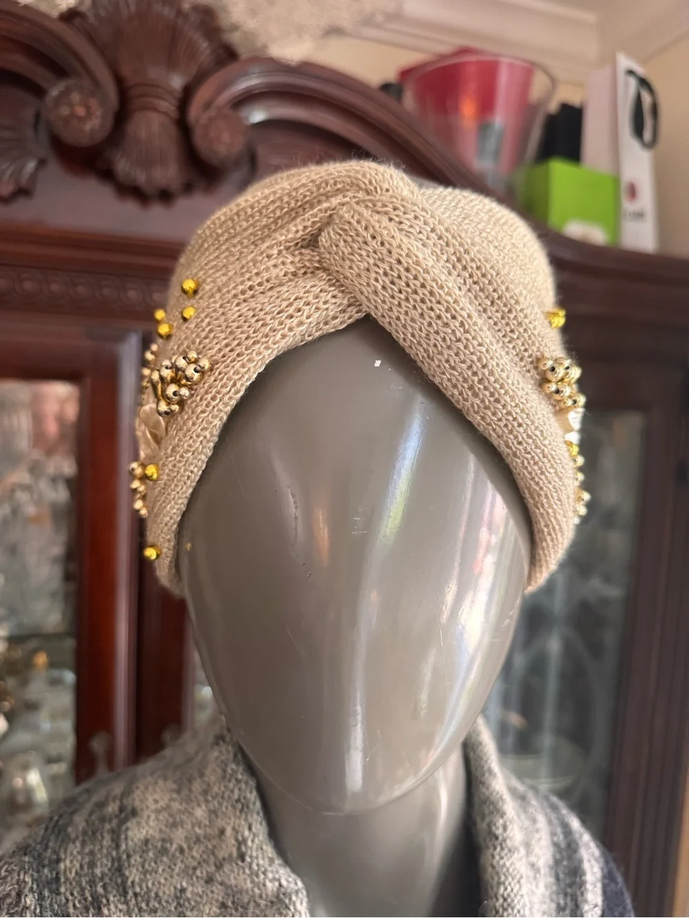 Anthropologie Beaded Knit Turban Headband Ear Warmer - Beige & Gold Boho
